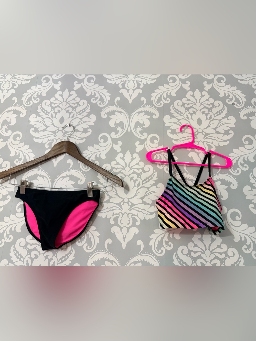 💫4/$25 • George Rainbow Stripe Tankini Top & Black Pink Bikini Bottoms